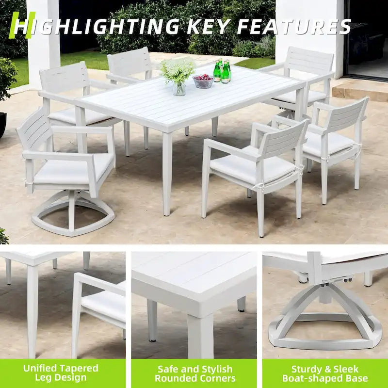 7-Piece Outdoor Patio Dining Set, Rectangular Table with Umbrella Hole, 4 Chairs and 2 Swivel Chairs with Fabric Cushioned