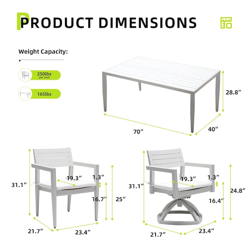 7-Piece Outdoor Patio Dining Set, Rectangular Table with Umbrella Hole, 4 Chairs and 2 Swivel Chairs with Fabric Cushioned