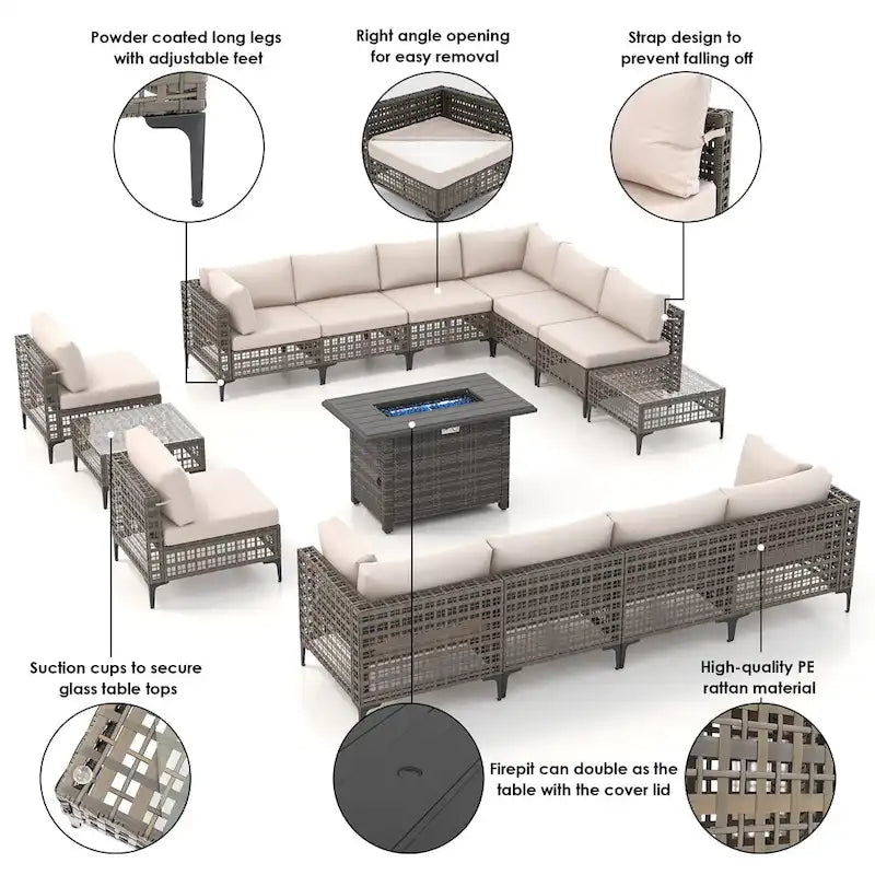 12 - Person Outdoor Sectional Seating Group with Fire Pit