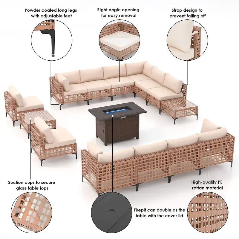 12 - Person Outdoor Sectional Seating Group with Fire Pit