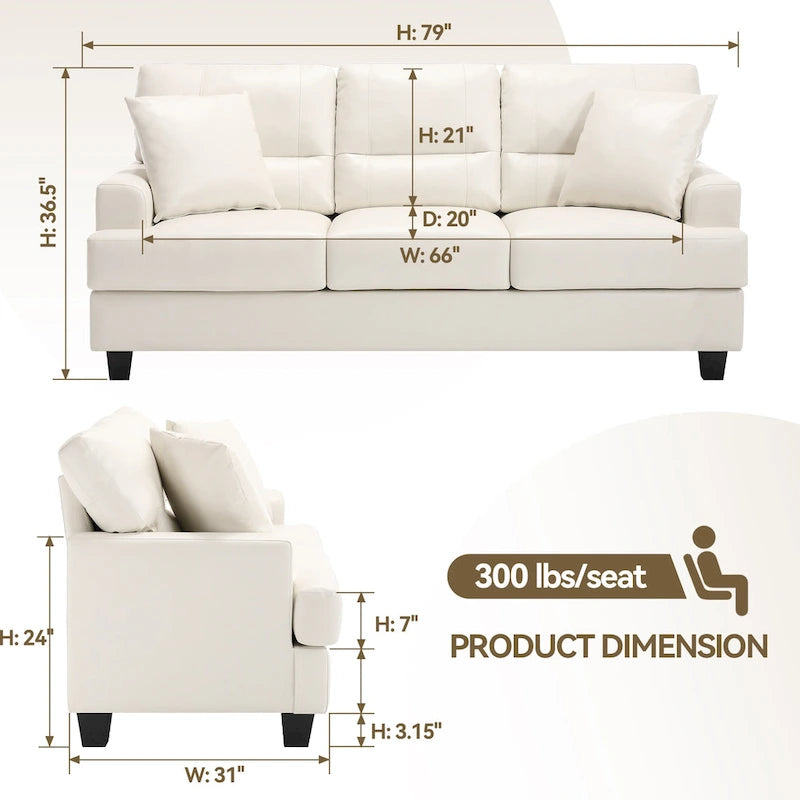 79" Faux Leather Square Arm Sofa - White and Brown for 3