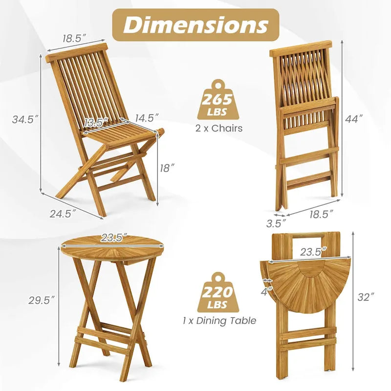 Costway 3 PCS Folding Patio Bistro Set Teak Wood Round Table and - See Details