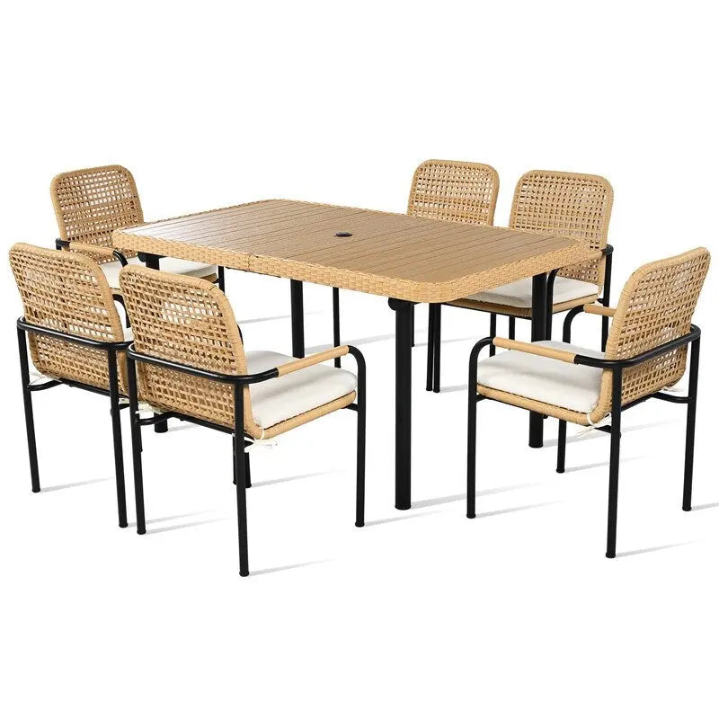 7-Piece Outdoor Dining Set  All-Weather Wicker Furniture with Synthetic Wood Table & Umbrella Hole .