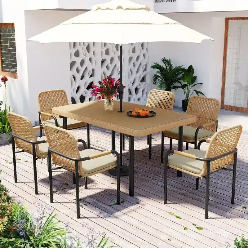 7-Piece Outdoor Dining Set  All-Weather Wicker Furniture with Synthetic Wood Table & Umbrella Hole .