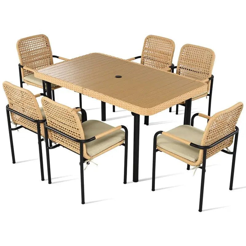 7-Piece Outdoor Dining Set  All-Weather Wicker Furniture with Synthetic Wood Table & Umbrella Hole .