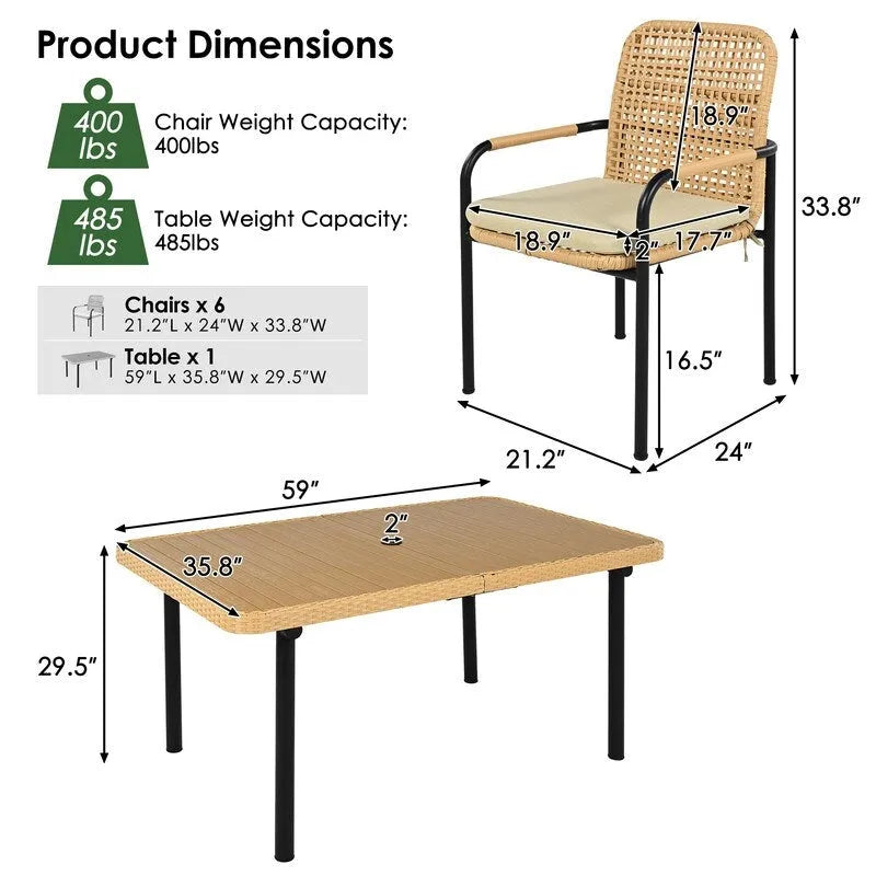 7-Piece Outdoor Dining Set  All-Weather Wicker Furniture with Synthetic Wood Table & Umbrella Hole .