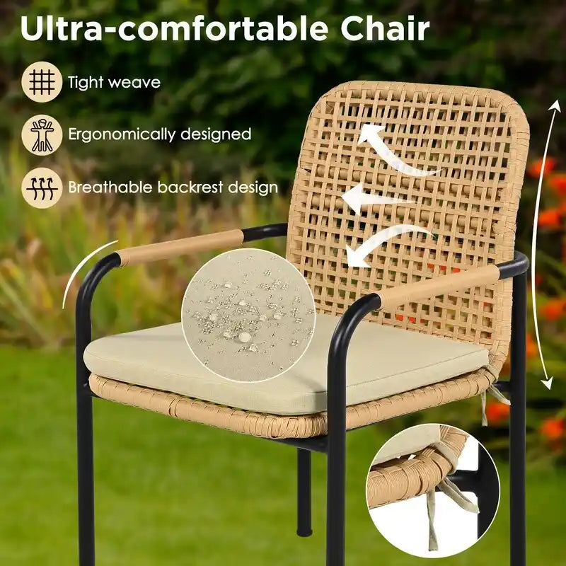 7-Piece Outdoor Dining Set  All-Weather Wicker Furniture with Synthetic Wood Table & Umbrella Hole .