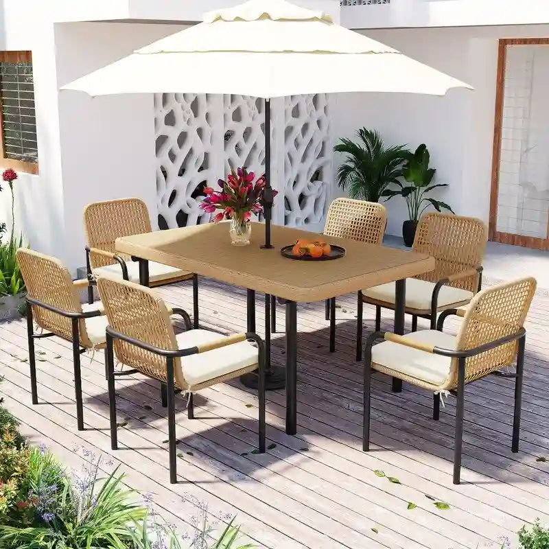 7-Piece Outdoor Dining Set  All-Weather Wicker Furniture with Synthetic Wood Table & Umbrella Hole .