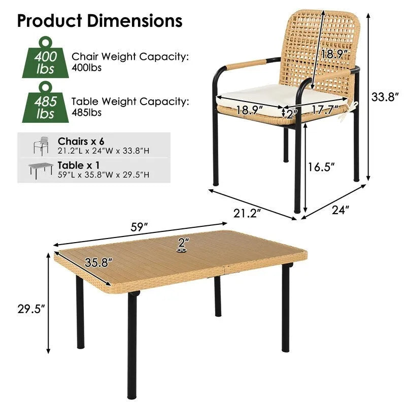 7-Piece Outdoor Dining Set  All-Weather Wicker Furniture with Synthetic Wood Table & Umbrella Hole .