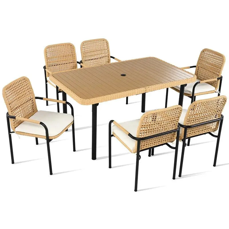 7-Piece Outdoor Dining Set  All-Weather Wicker Furniture with Synthetic Wood Table & Umbrella Hole .