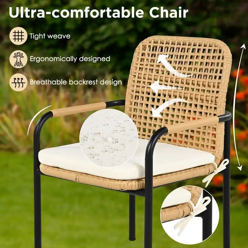 7-Piece Outdoor Dining Set  All-Weather Wicker Furniture with Synthetic Wood Table & Umbrella Hole .