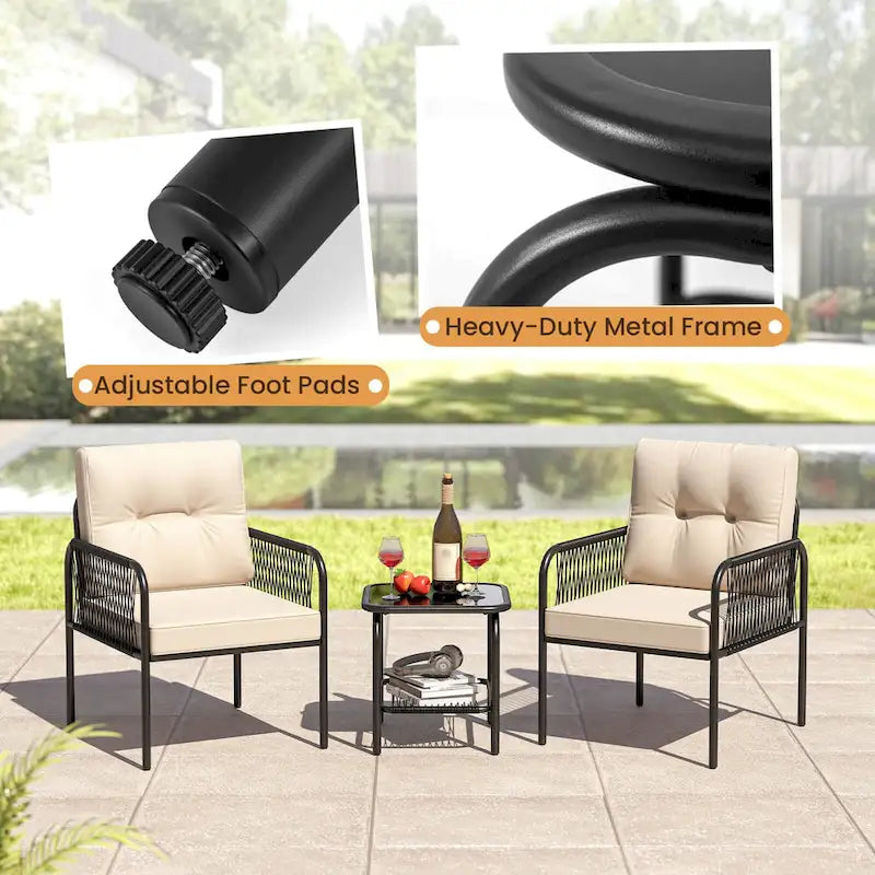 Costway 3 PCS Patio Bistro Set with Tempered Glass Table Chairs Back - See Details