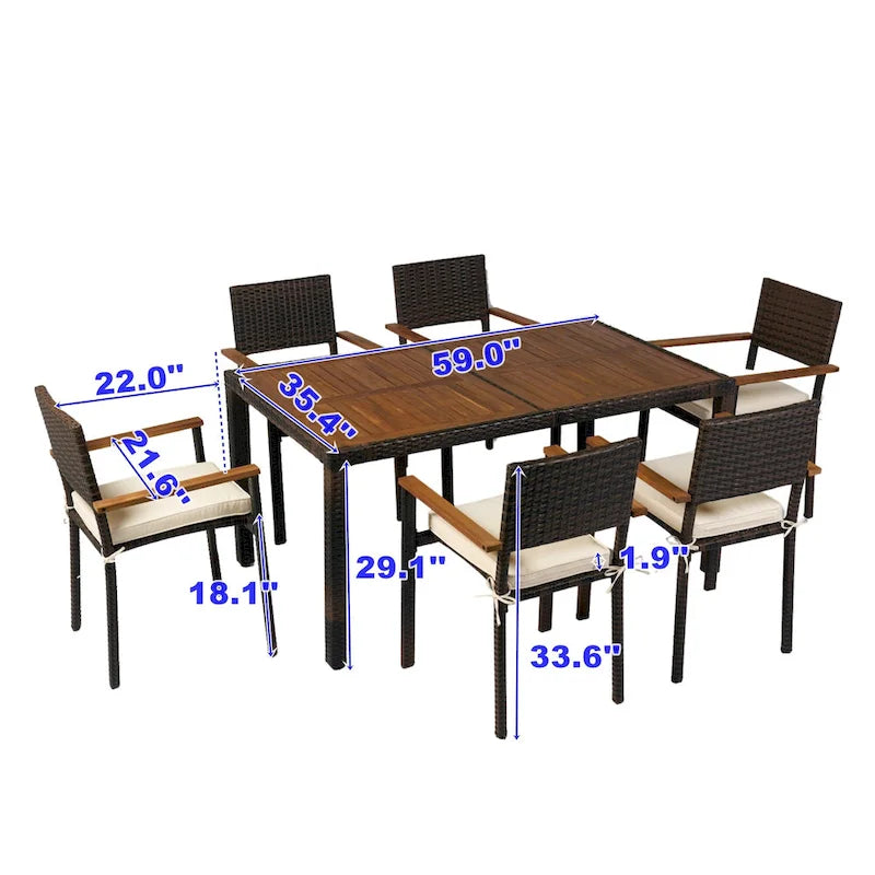 7 piece Outdoor Patio Wicker Dining Set Patio Wicker Furniture Dining Set w/Acacia Wood Top Brown Wicker + Cream Cushion