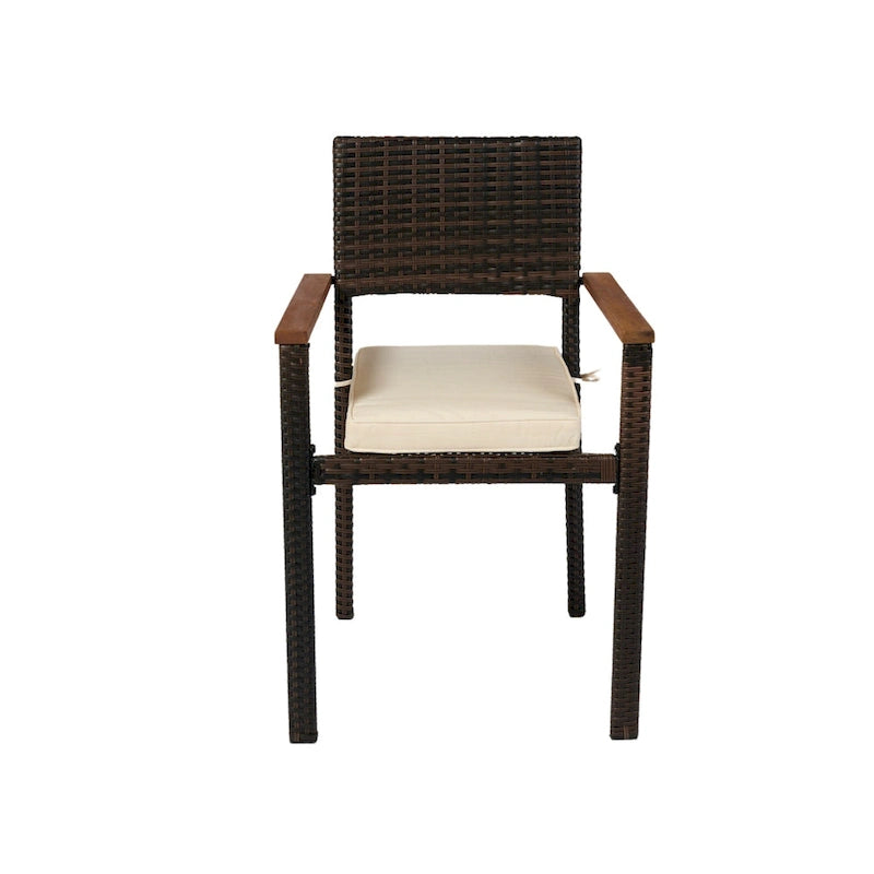 7 piece Outdoor Patio Wicker Dining Set Patio Wicker Furniture Dining Set w/Acacia Wood Top Brown Wicker + Cream Cushion
