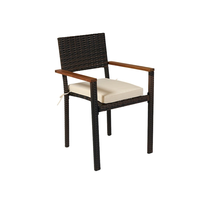 7 piece Outdoor Patio Wicker Dining Set Patio Wicker Furniture Dining Set w/Acacia Wood Top Brown Wicker + Cream Cushion