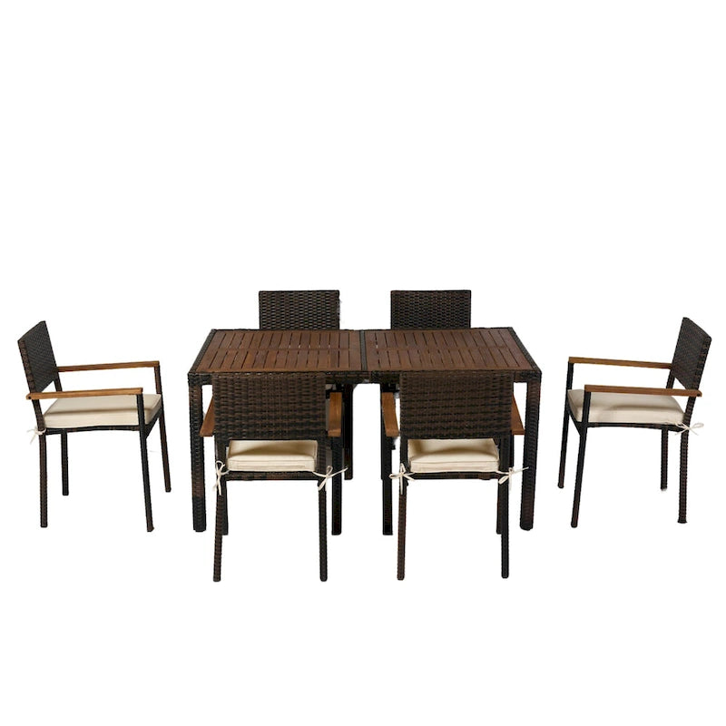 7 piece Outdoor Patio Wicker Dining Set Patio Wicker Furniture Dining Set w/Acacia Wood Top Brown Wicker + Cream Cushion