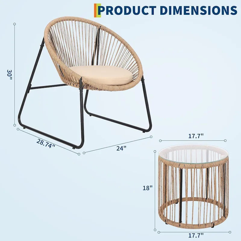 3 Piece Acapulco Chair Set, All-Weather Modern Patio Furniture Set with Cushions, Plastic Rope, Glass Top Table and 2