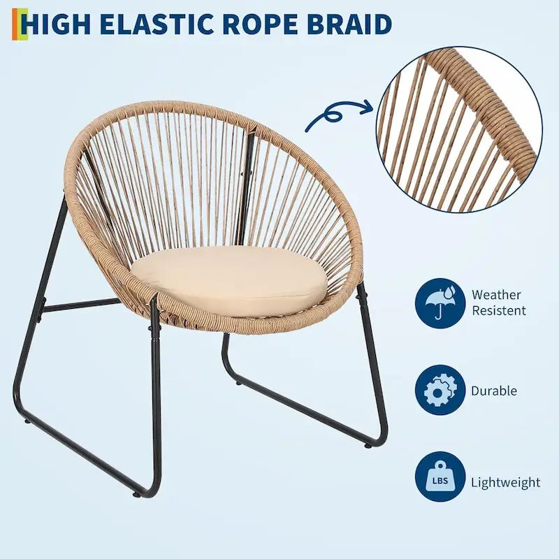 3 Piece Acapulco Chair Set, All-Weather Modern Patio Furniture Set with Cushions, Plastic Rope, Glass Top Table and 2