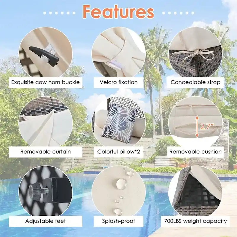 90.5  Length Outdoor Wicker Sunbed Patio Daybed with Pillows, Cushions