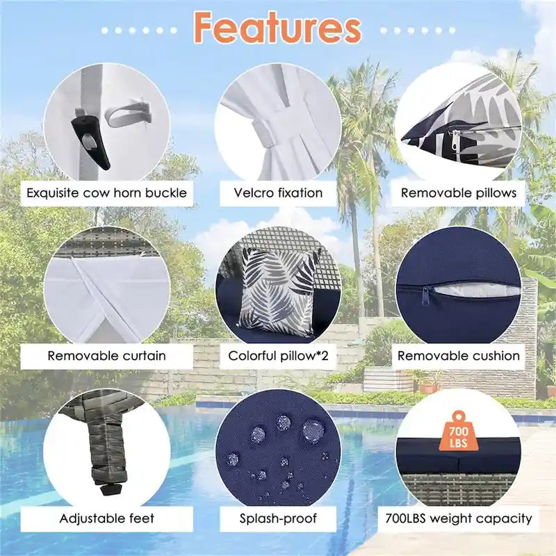90.5  Length Outdoor Wicker Sunbed Patio Daybed with Pillows, Cushions