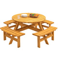 8-Person Fir Wood Round Picnic Dining Set with Built-in Benches & Umbrella Hole