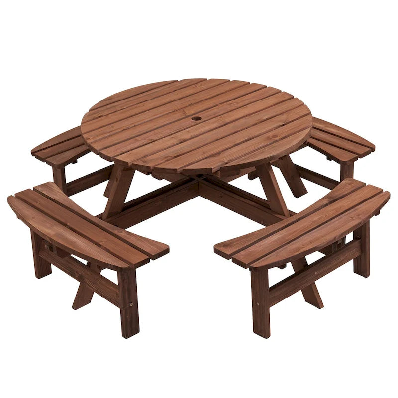 8-Person Fir Wood Round Picnic Dining Set with Built-in Benches & Umbrella Hole