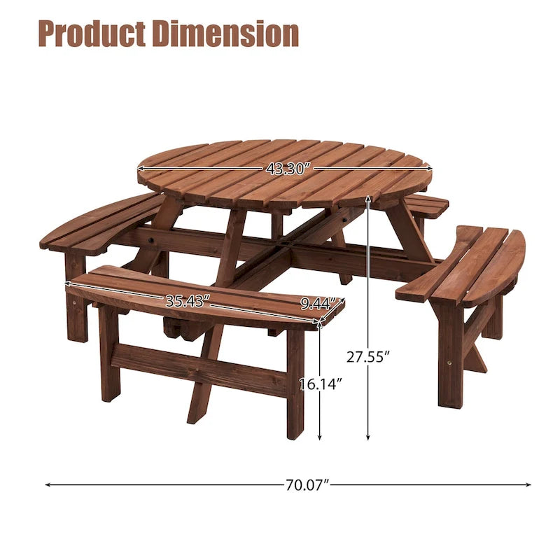 8-Person Fir Wood Round Picnic Dining Set with Built-in Benches & Umbrella Hole