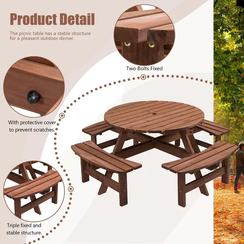 8-Person Fir Wood Round Picnic Dining Set with Built-in Benches & Umbrella Hole