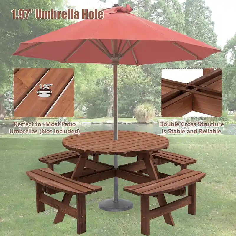 8-Person Fir Wood Round Picnic Dining Set with Built-in Benches & Umbrella Hole