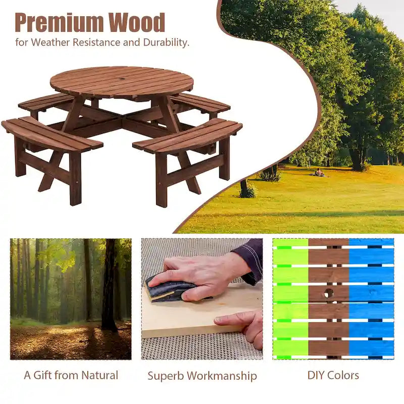 8-Person Fir Wood Round Picnic Dining Set with Built-in Benches & Umbrella Hole