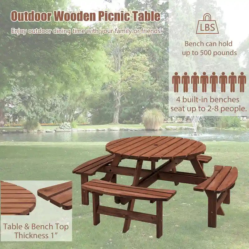 8-Person Fir Wood Round Picnic Dining Set with Built-in Benches & Umbrella Hole