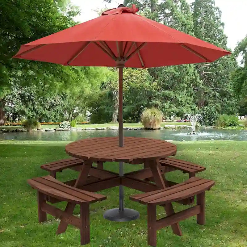 8-Person Fir Wood Round Picnic Dining Set with Built-in Benches & Umbrella Hole