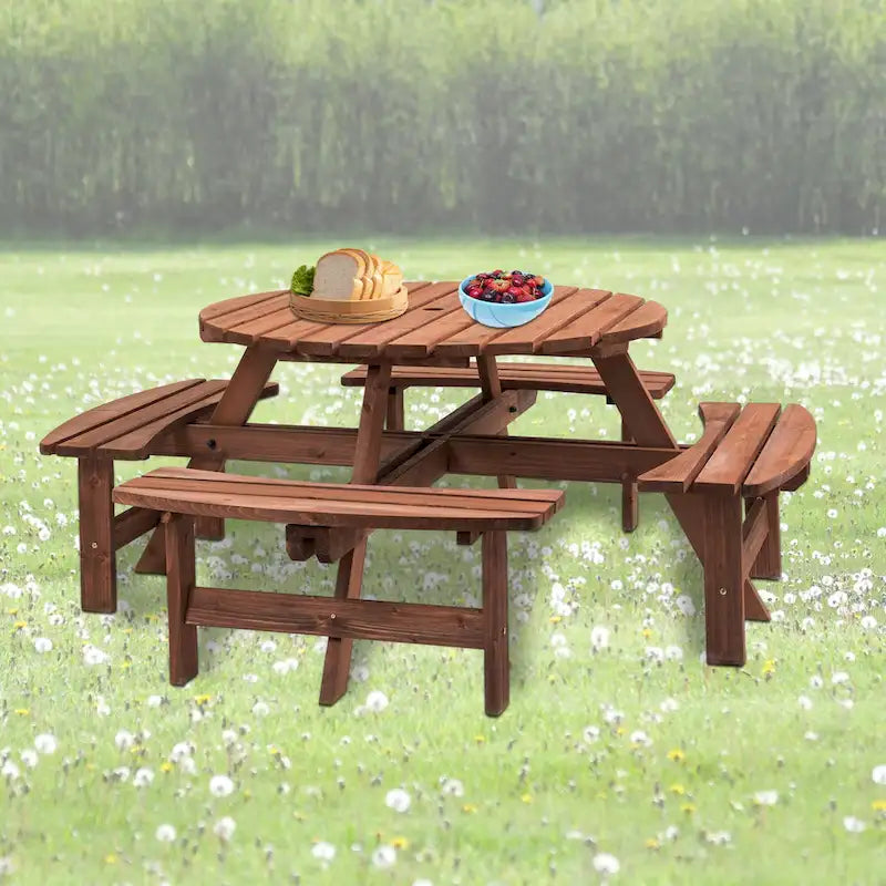 8-Person Fir Wood Round Picnic Dining Set with Built-in Benches & Umbrella Hole