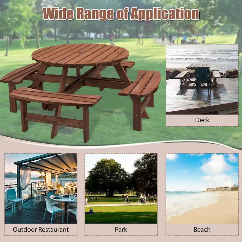 8-Person Fir Wood Round Picnic Dining Set with Built-in Benches & Umbrella Hole