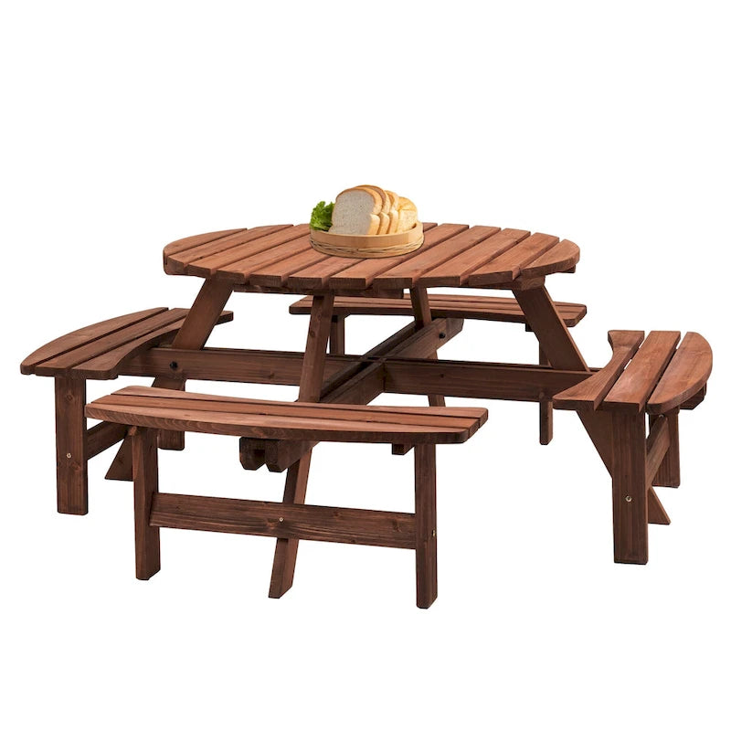 8-Person Fir Wood Round Picnic Dining Set with Built-in Benches & Umbrella Hole