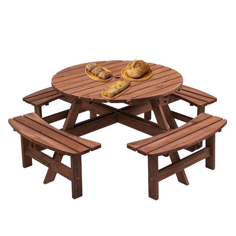 8-Person Fir Wood Round Picnic Dining Set with Built-in Benches & Umbrella Hole