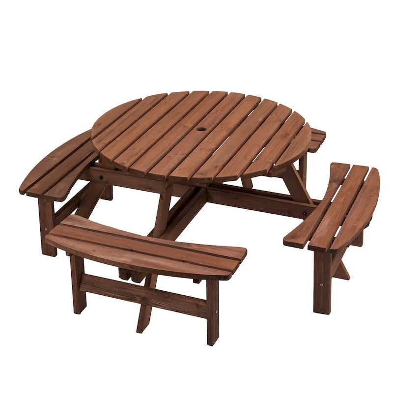 8-Person Fir Wood Round Picnic Dining Set with Built-in Benches & Umbrella Hole