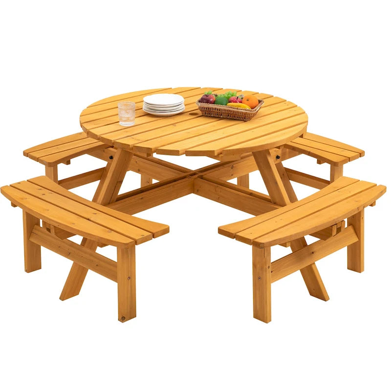 8-Person Fir Wood Round Picnic Dining Set with Built-in Benches & Umbrella Hole