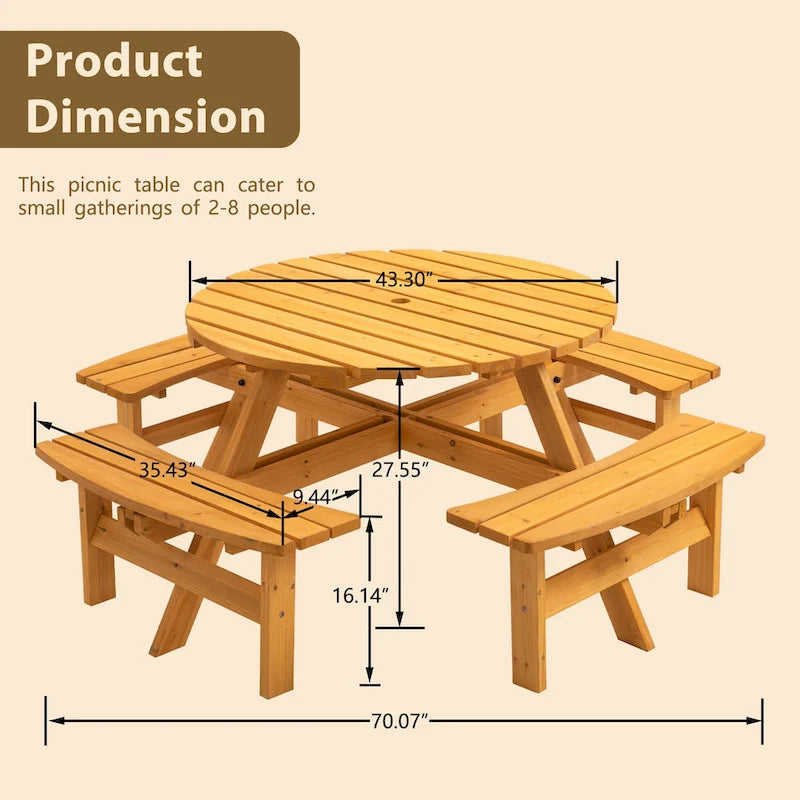 8-Person Fir Wood Round Picnic Dining Set with Built-in Benches & Umbrella Hole