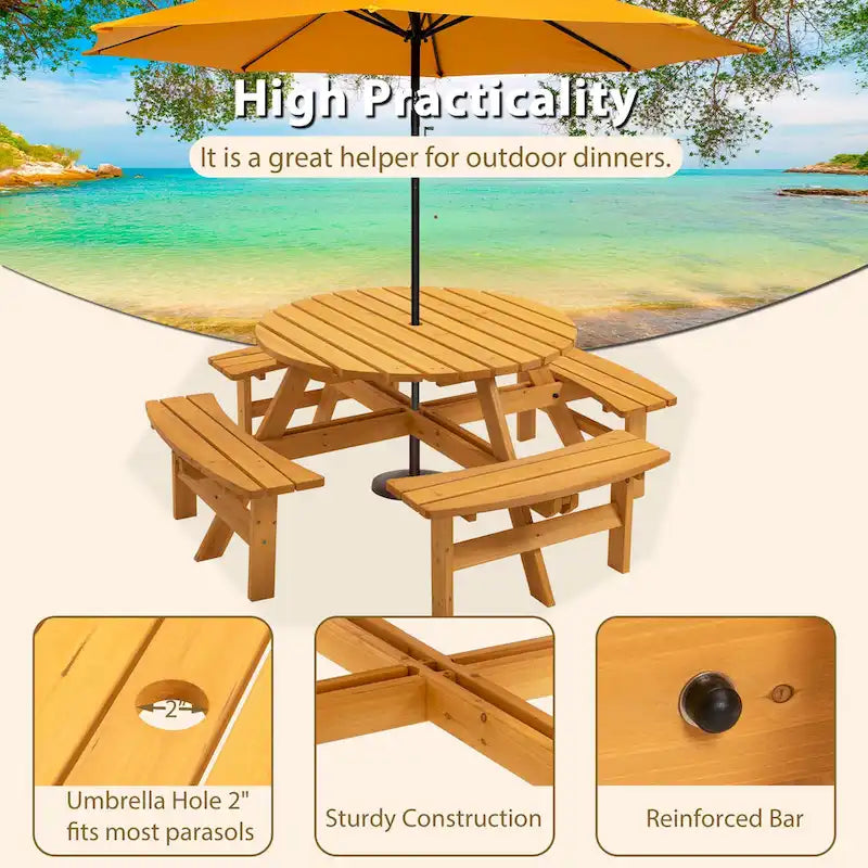 8-Person Fir Wood Round Picnic Dining Set with Built-in Benches & Umbrella Hole