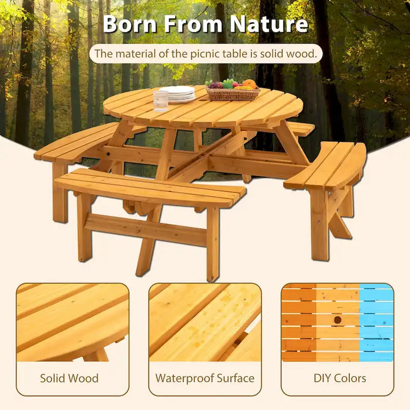 8-Person Fir Wood Round Picnic Dining Set with Built-in Benches & Umbrella Hole