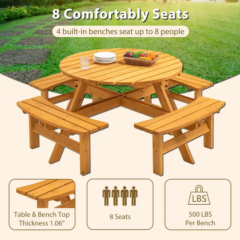 8-Person Fir Wood Round Picnic Dining Set with Built-in Benches & Umbrella Hole