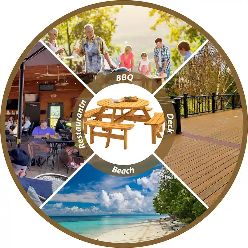8-Person Fir Wood Round Picnic Dining Set with Built-in Benches & Umbrella Hole