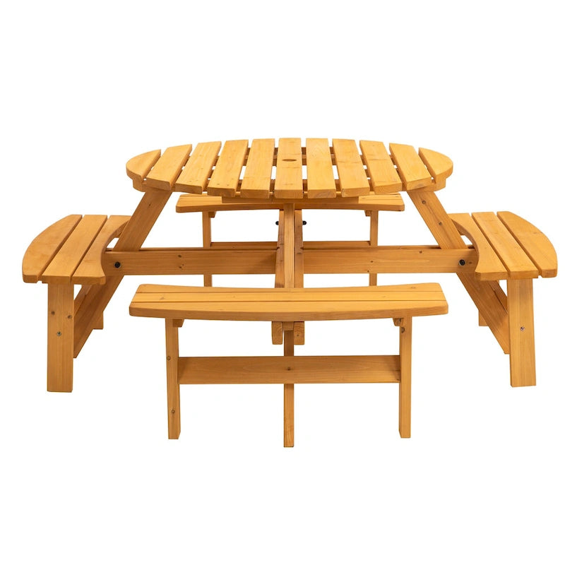 8-Person Fir Wood Round Picnic Dining Set with Built-in Benches & Umbrella Hole