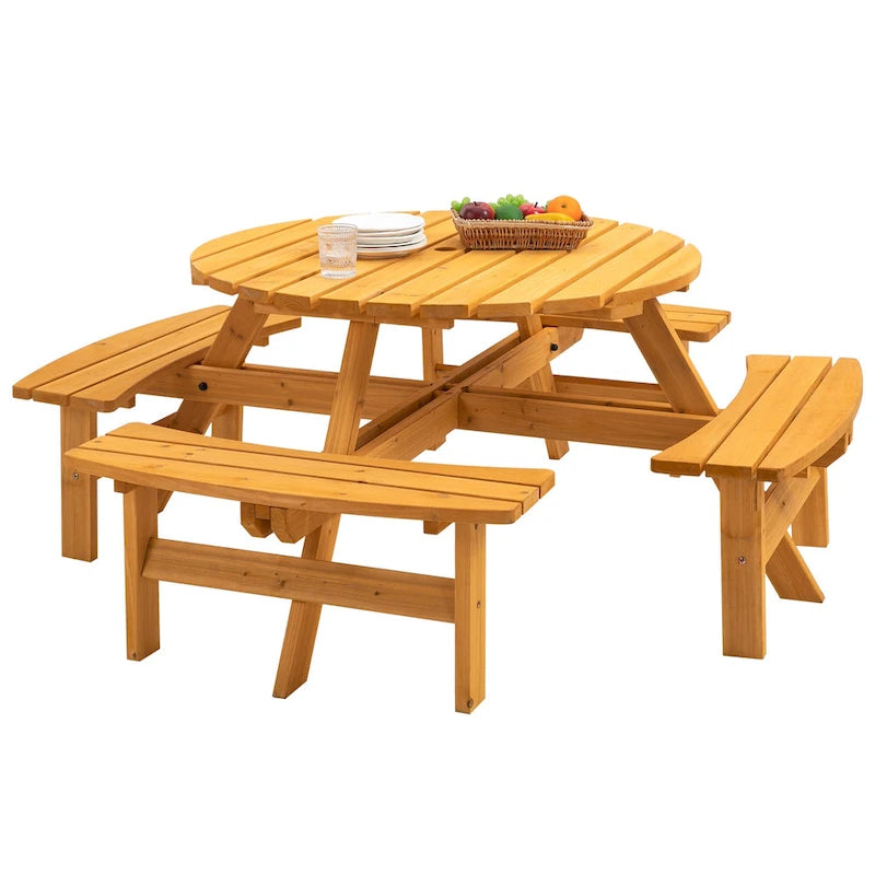8-Person Fir Wood Round Picnic Dining Set with Built-in Benches & Umbrella Hole