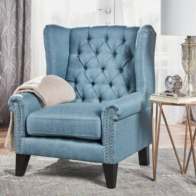 30" High Back Button Tufted Accent Chair with Nailheads - Blue for 1
