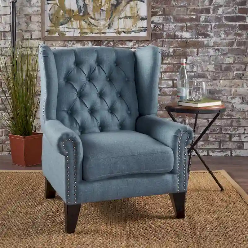 30" High Back Button Tufted Accent Chair with Nailheads - Blue for 1