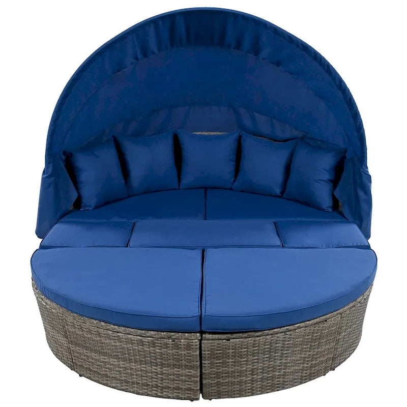 6-Pieces Outdoor Patio PE Rattan Daybed Sunbed with Retractable Canopy and Washable Cushions