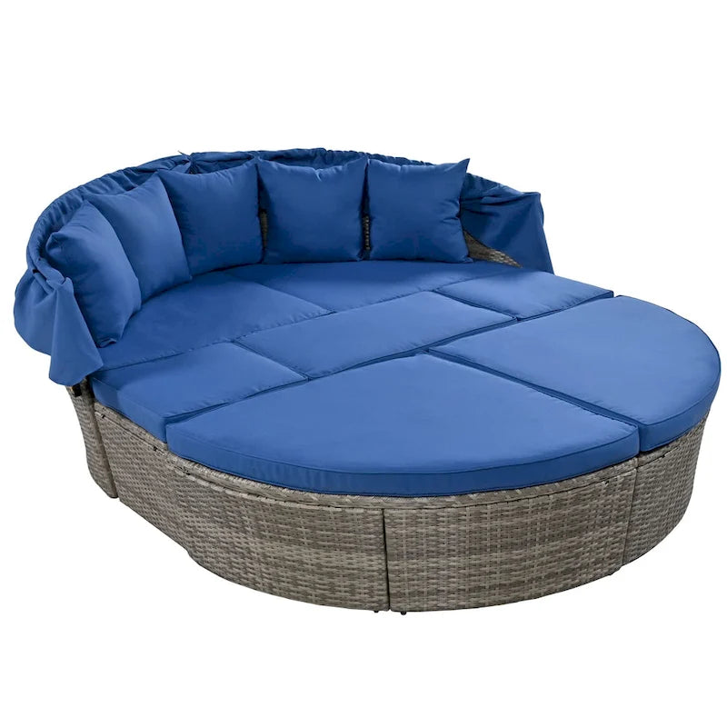 6-Pieces Outdoor Patio PE Rattan Daybed Sunbed with Retractable Canopy and Washable Cushions