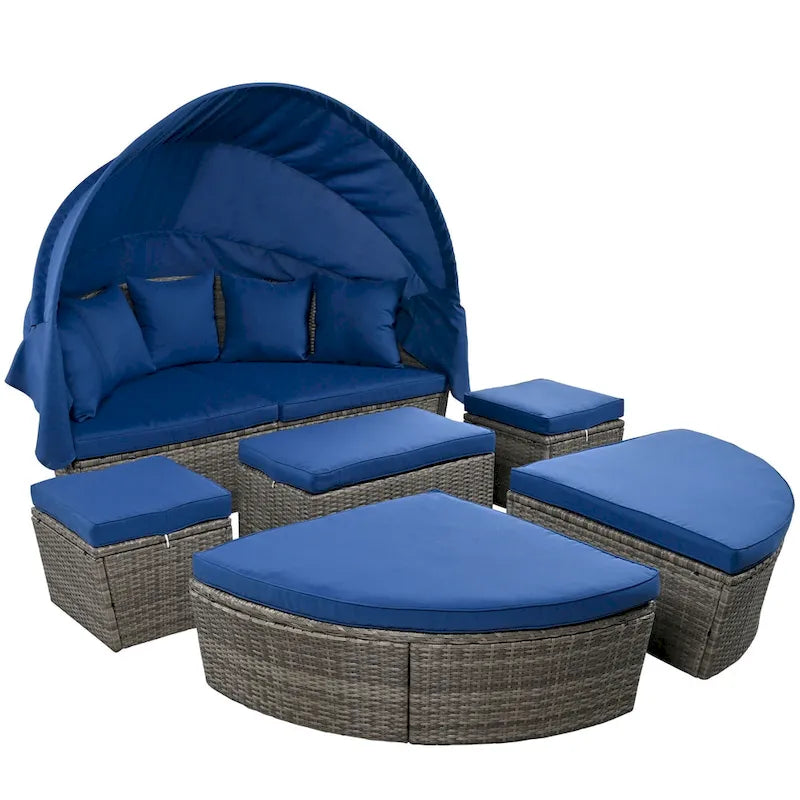 6-Pieces Outdoor Patio PE Rattan Daybed Sunbed with Retractable Canopy and Washable Cushions